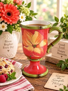 Raymond Waites CIC 12 Oz Coral Floral Pedestal Mug Hand Painted Footed Cup
